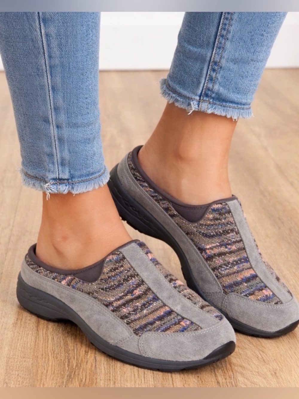 Easy Spirit Traveltime Women’s 9W Gray Knit Suede Slip On Mule Walking Clogs
